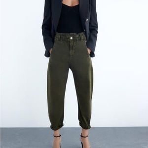 Zara Baggy Paperbag Jeans in Dark Green